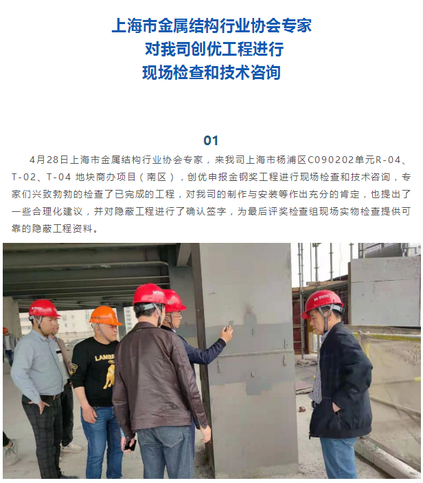 上海市金屬結(jié)構(gòu)行業(yè)協(xié)會(huì)專家 對(duì)我司創(chuàng)優(yōu)工程進(jìn)行現(xiàn)場(chǎng)檢查和技術(shù)咨詢